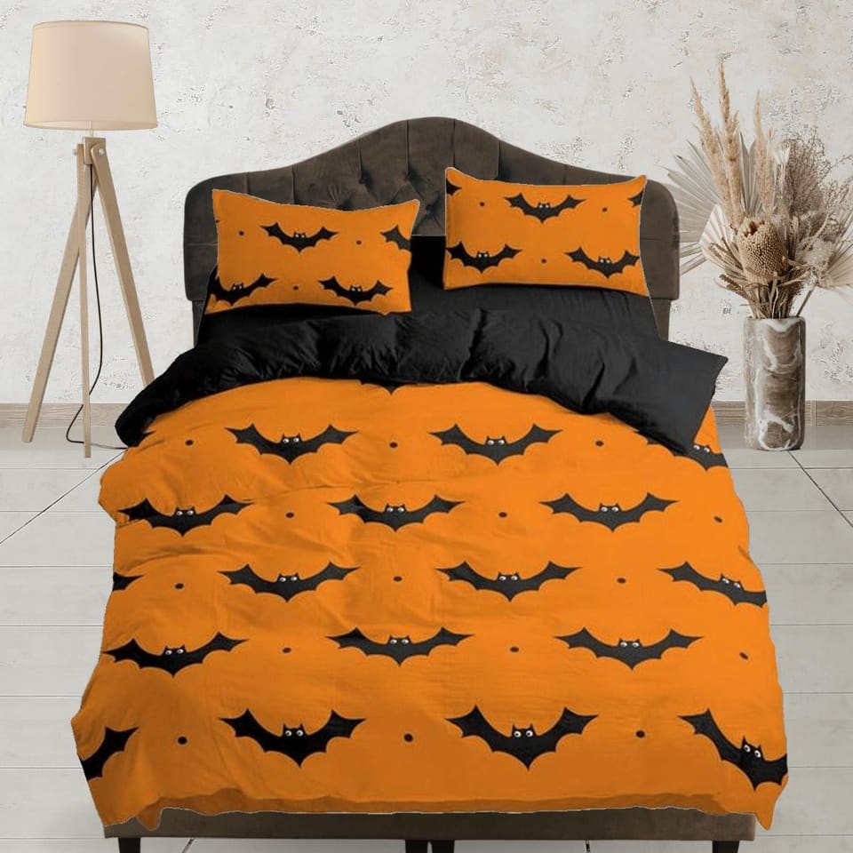 Bat pattern orange halloween full size bedding & pillowcase, duvet cover set dorm bedding, halloween nursery toddler beddi…