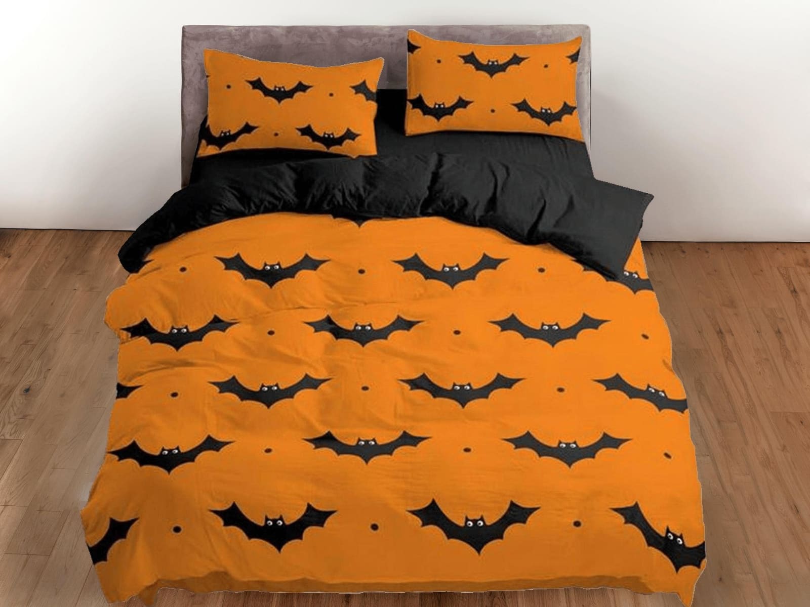 Bat pattern orange halloween full size bedding & pillowcase, duvet cover set dorm bedding, halloween nursery toddler beddi…