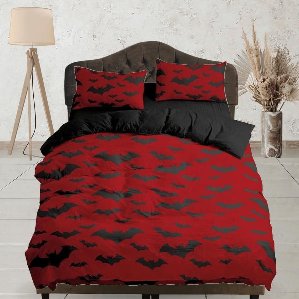 Bat prints halloween full size bedding & pillowcase, red duvet cover dorm bedding, halloween decor, nursery toddler beddin…