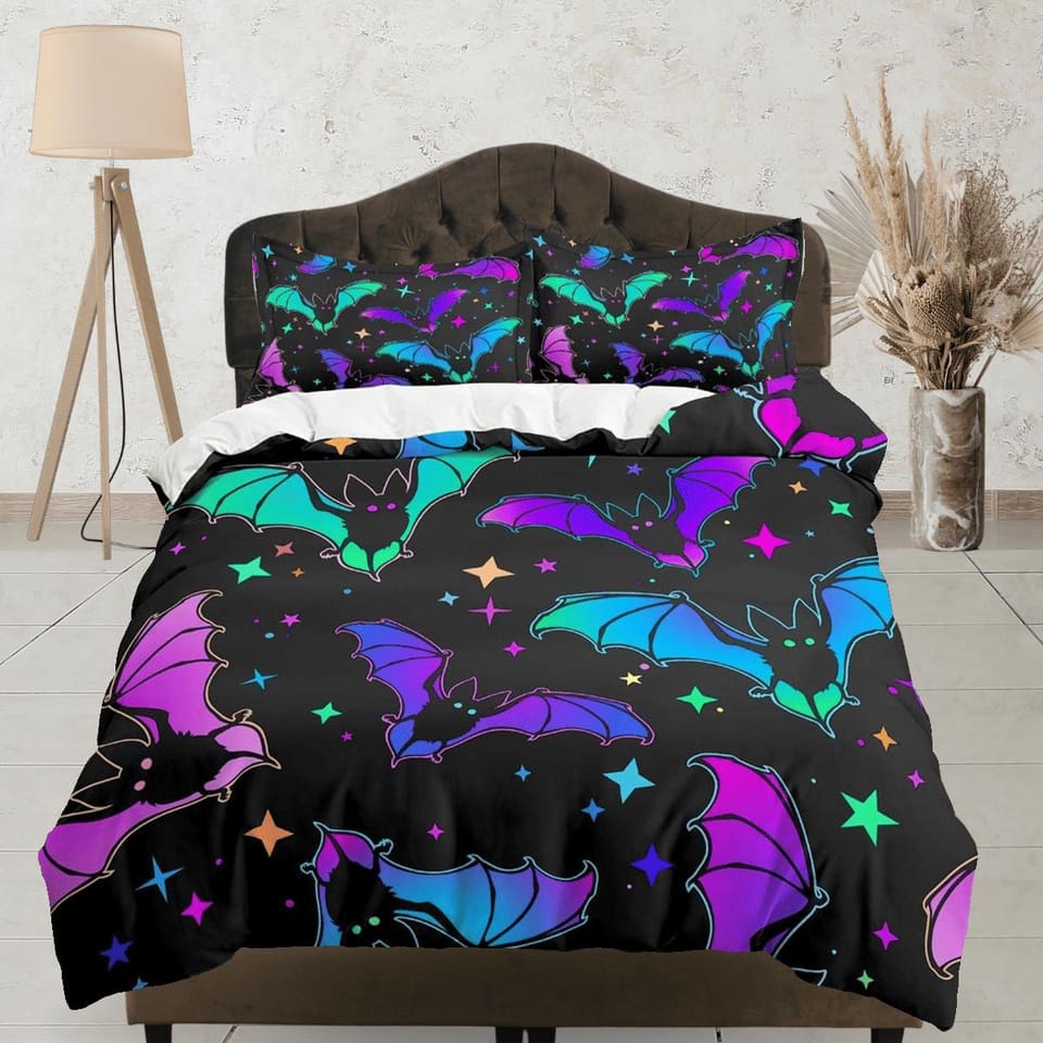 Bats and stars halloween bedding & pillowcase, gothic duvet cover, dorm bedding, halloween goth decor toddler bedding, hal…