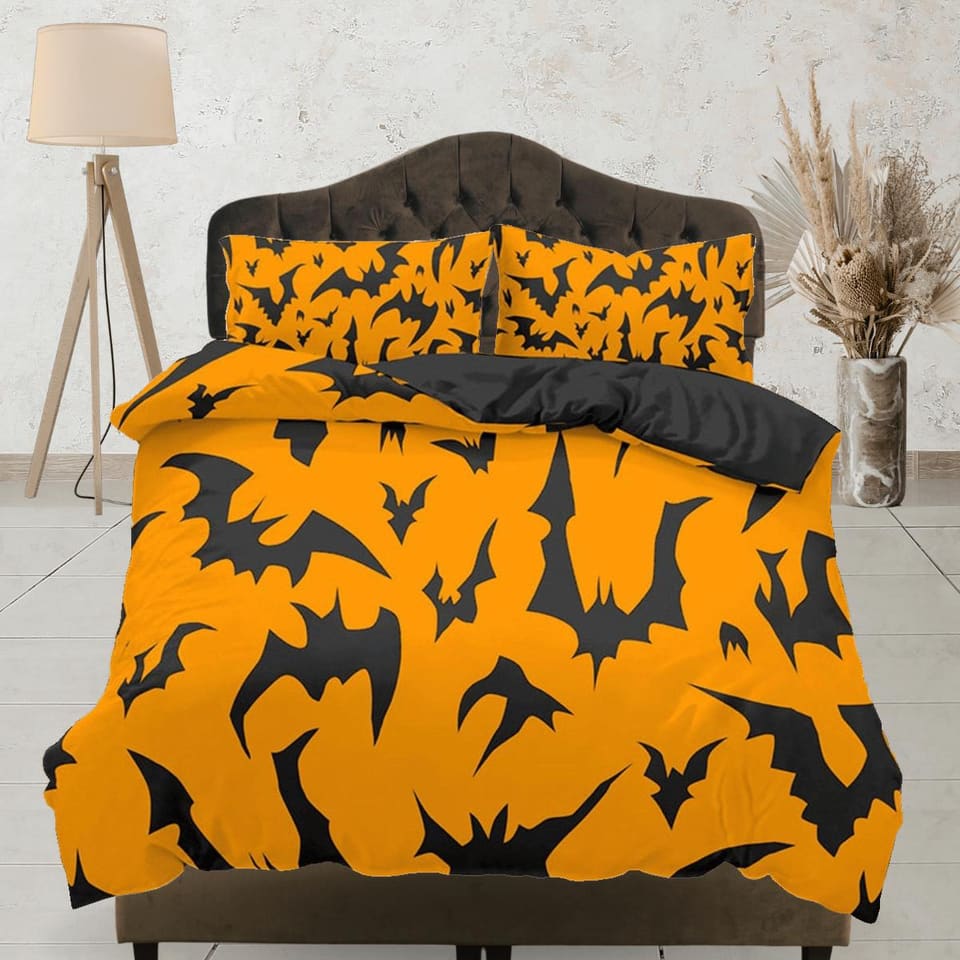 Bats design pattern halloween full size bedding & pillowcase, orange duvet cover set dorm bedding, nursery toddler bedding…
