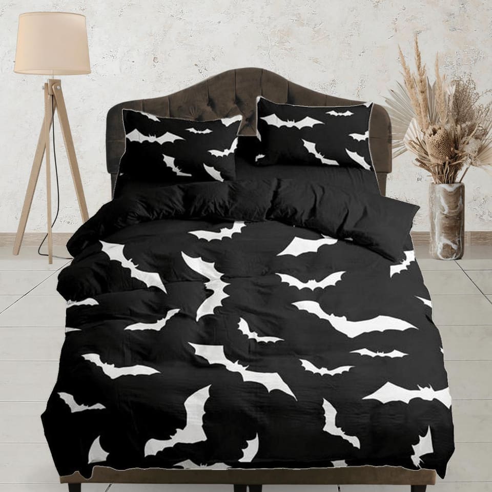Bats halloween full size bedding & pillowcase, black duvet cover set dorm bedding, halloween decor, nursery toddler beddin…