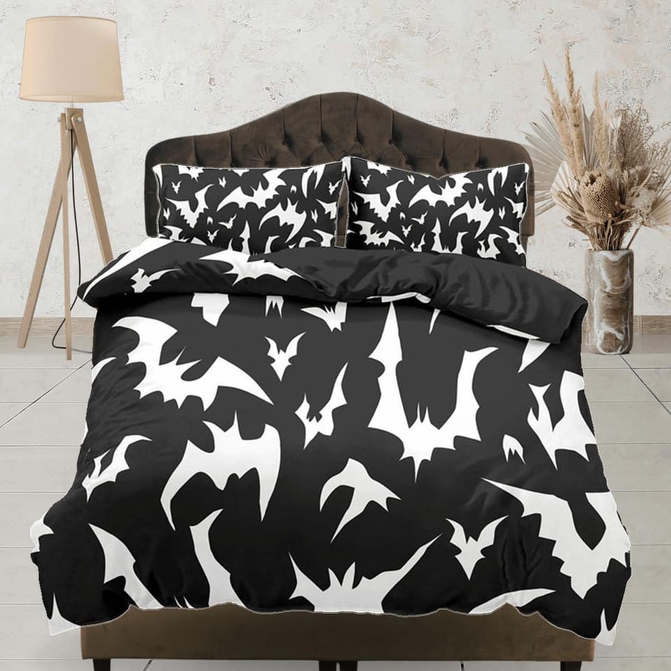 Bats halloween full size bedding & pillowcase, black duvet cover set dorm bedding, halloween decor, nursery toddler beddin…