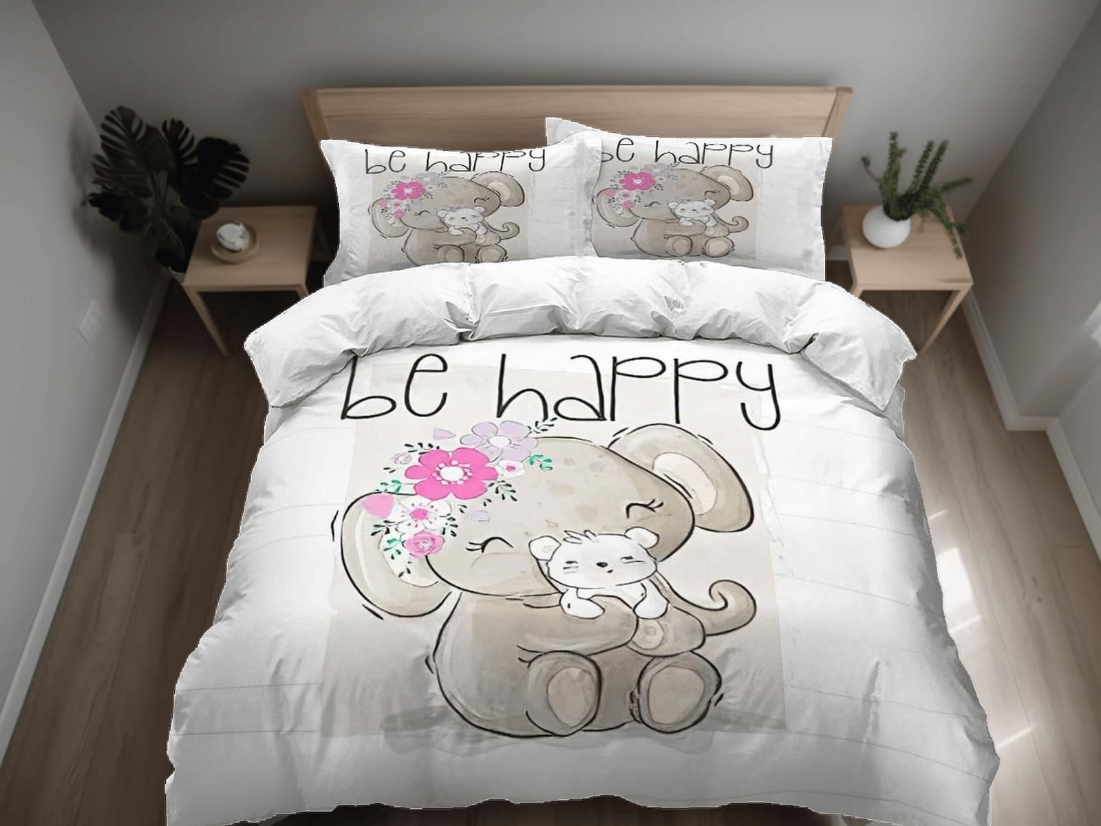 Be happy elephant holding puppy bedding cute duvet cover set, kids bedding full, nursery bed decor, elephant baby shower,…