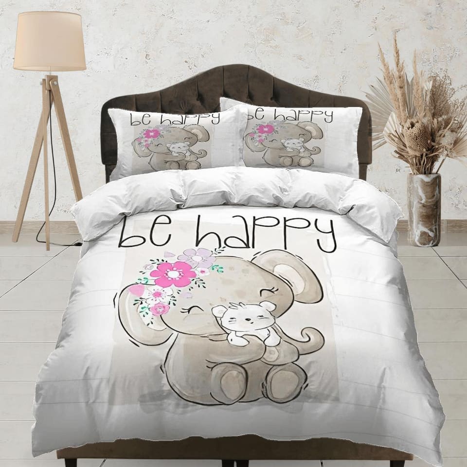 Be happy elephant holding puppy bedding cute duvet cover set, kids bedding full, nursery bed decor, elephant baby shower,…