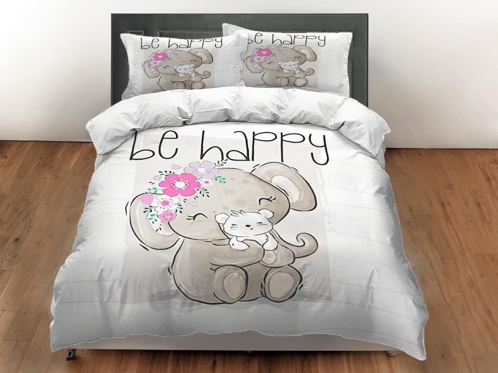 Be happy elephant holding puppy bedding cute duvet cover set, kids bedding full, nursery bed decor, elephant baby shower,…