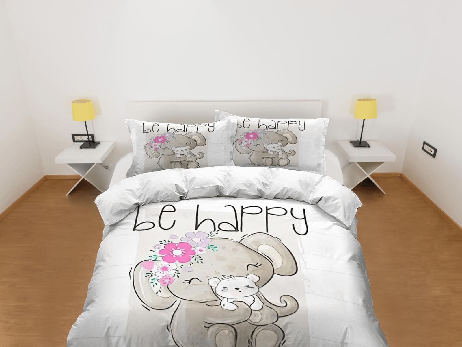 Be happy elephant holding puppy bedding cute duvet cover set, kids bedding full, nursery bed decor, elephant baby shower,…