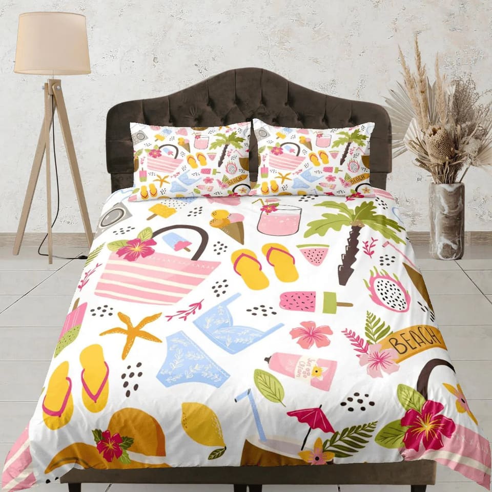 Beach essentials bikini coastal grandma duvet cover nautical bedding set full queen king, aesthetic beach room decor, ocea…