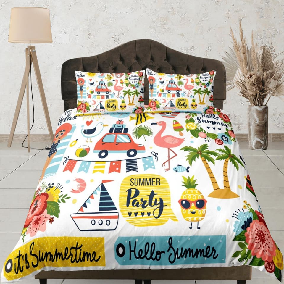 Beach party colorful coastal grandma duvet cover nautical bedding set full queen king, aesthetic beach room decor, ocean l…