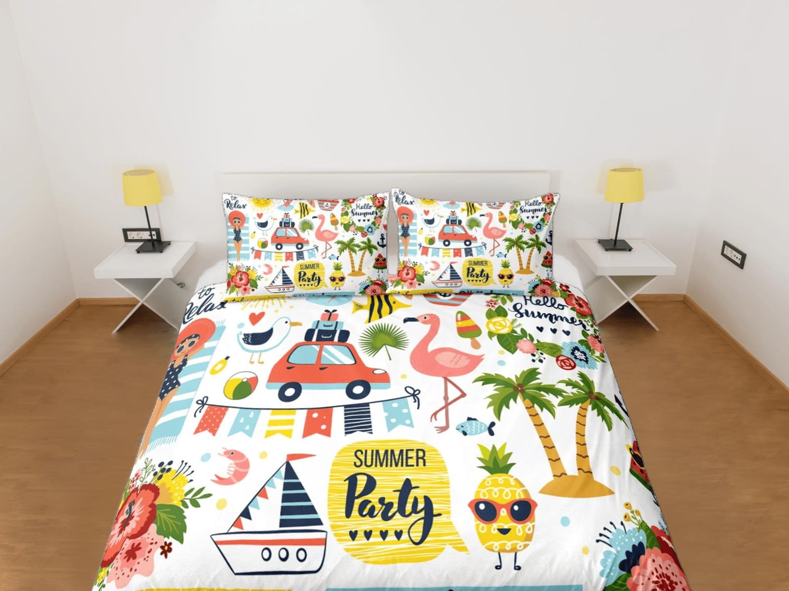 Beach party colorful coastal grandma duvet cover nautical bedding set full queen king, aesthetic beach room decor, ocean l…