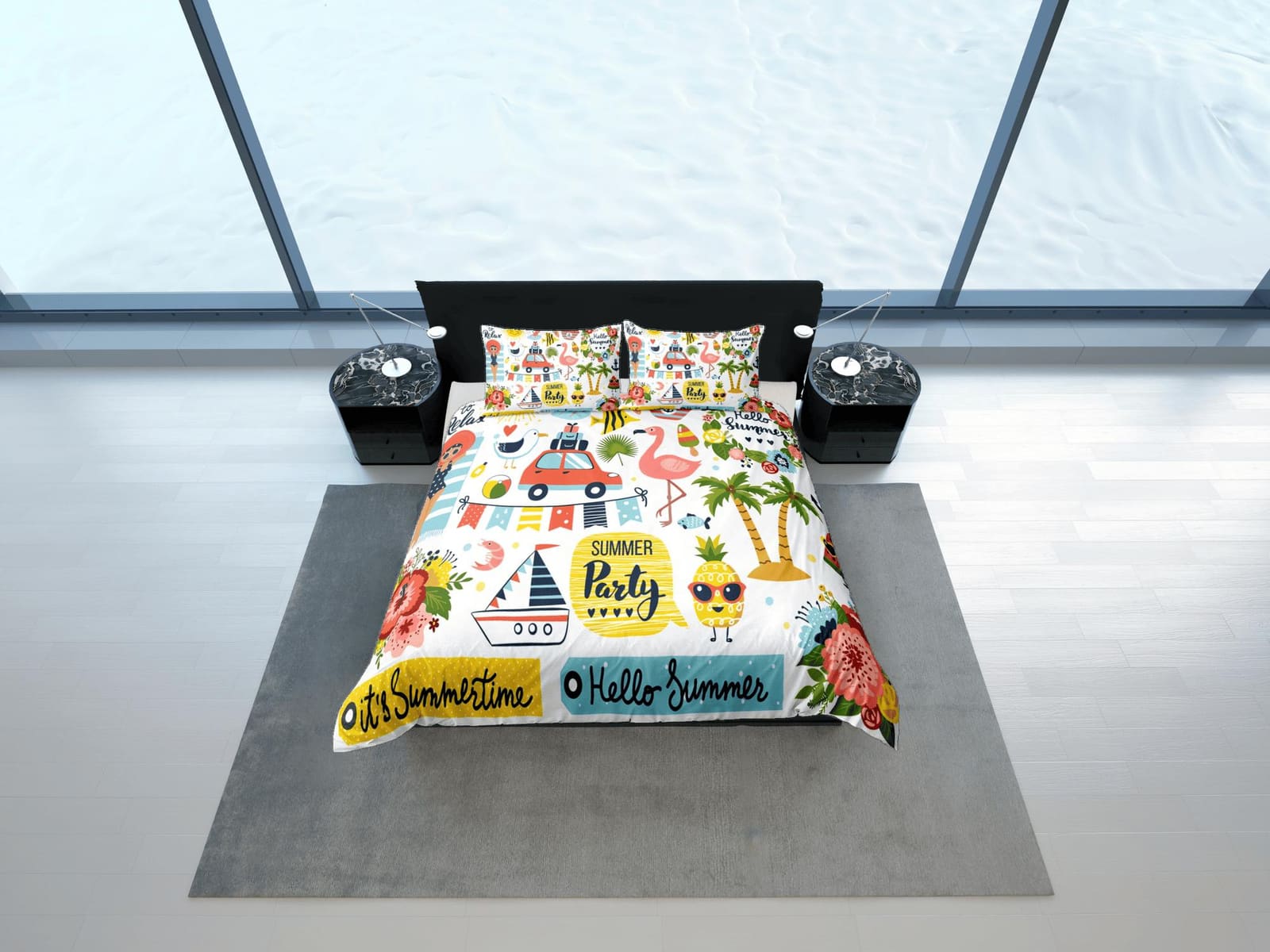 Beach party colorful coastal grandma duvet cover nautical bedding set full queen king, aesthetic beach room decor, ocean l…