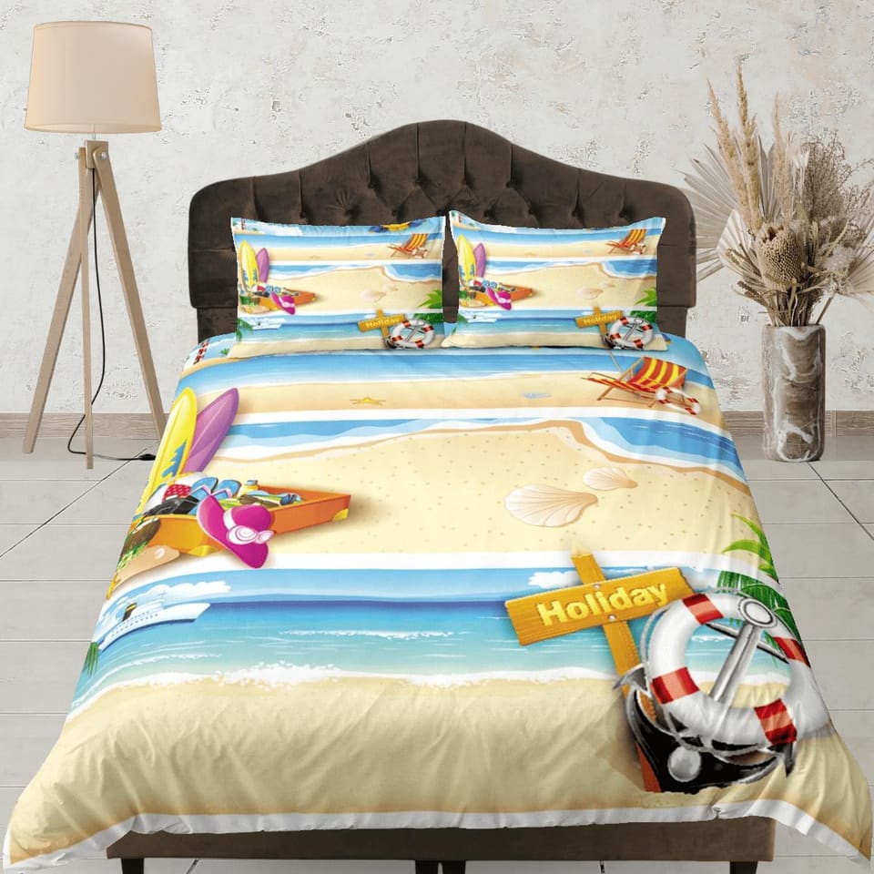 Beach summer holiday coastal grandma duvet cover nautical bedding set full queen king, aesthetic beach room decor, ocean l…