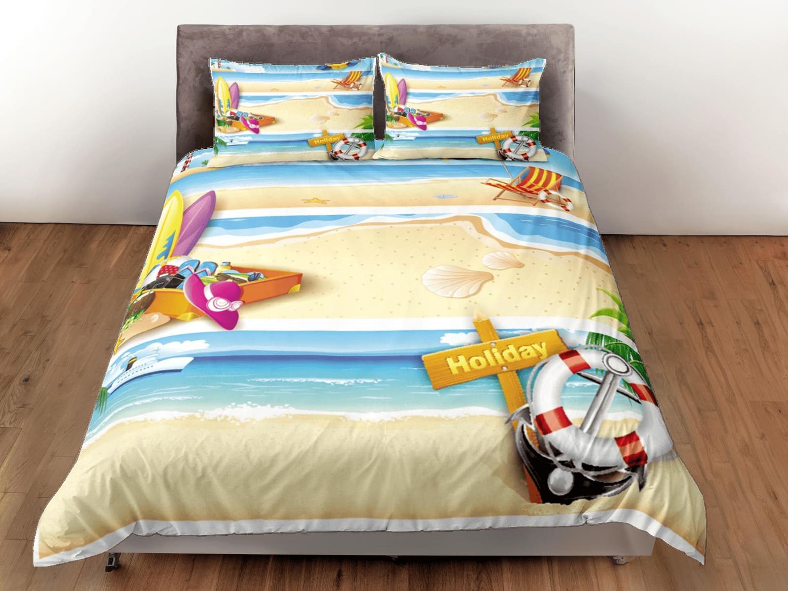 Beach summer holiday coastal grandma duvet cover nautical bedding set full queen king, aesthetic beach room decor, ocean l…