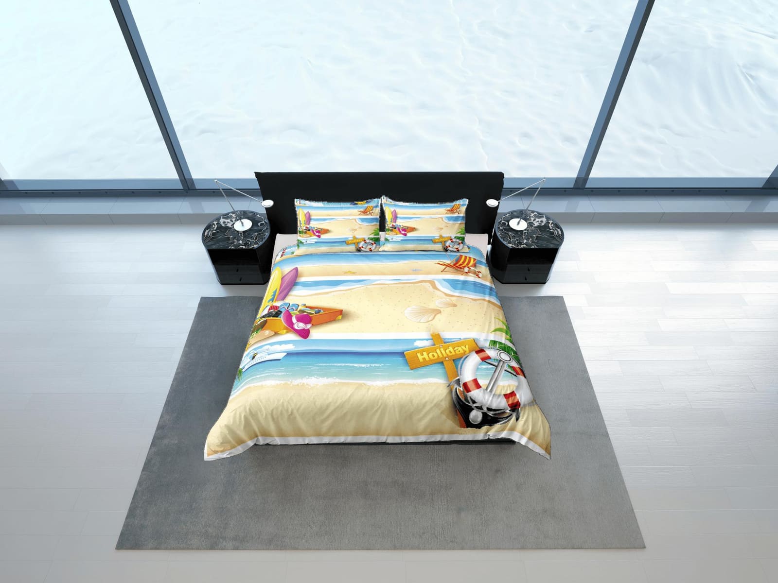 Beach summer holiday coastal grandma duvet cover nautical bedding set full queen king, aesthetic beach room decor, ocean l…