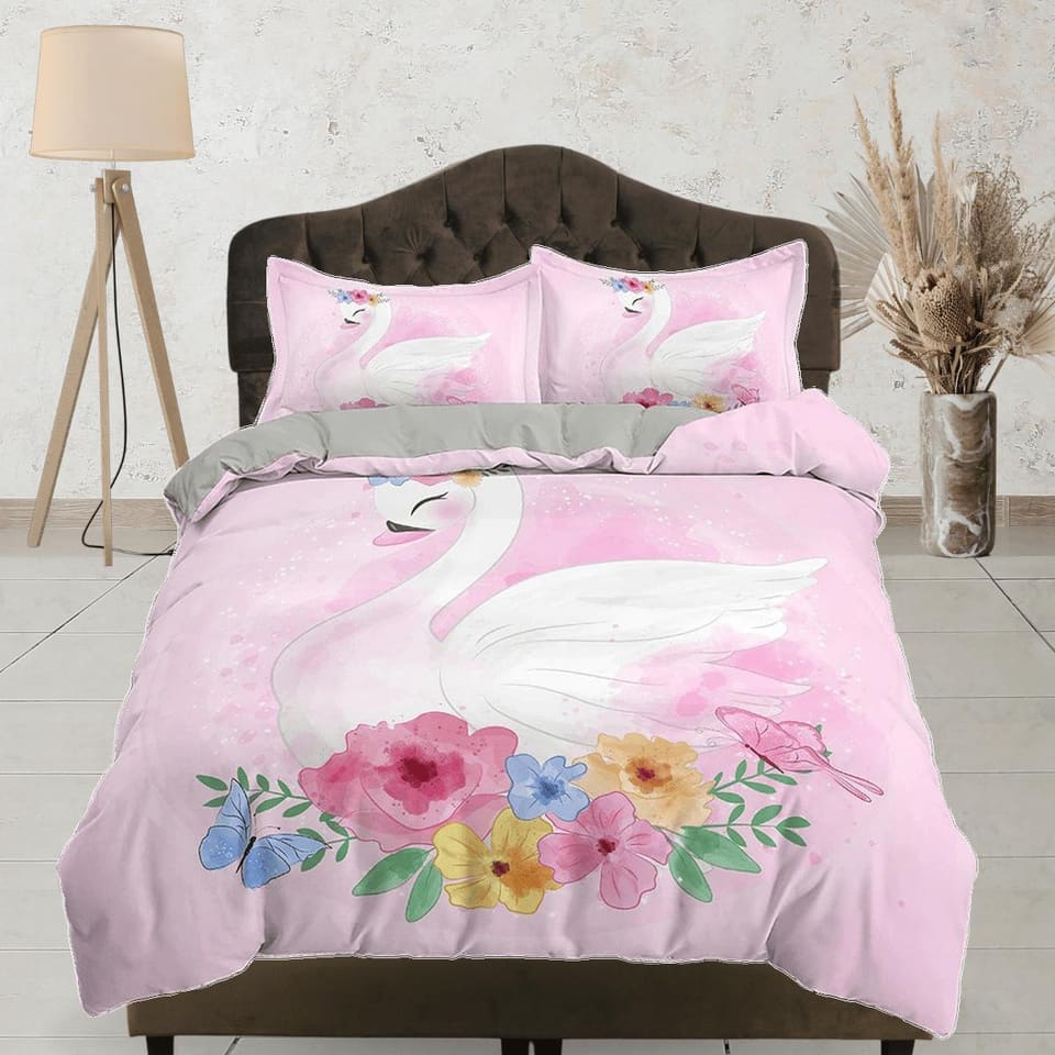 Beautiful Swan Pink Girly Bedding, Duvet Cover Set & Pillowcase, Zipper Bedding, Dorm Bedding, Teens Adult Duvet King Quee…