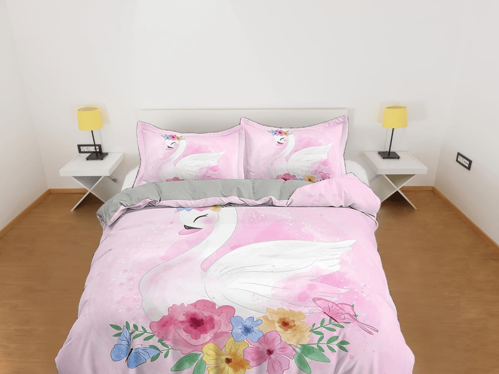 Beautiful Swan Pink Girly Bedding, Duvet Cover Set & Pillowcase, Zipper Bedding, Dorm Bedding, Teens Adult Duvet King Quee…