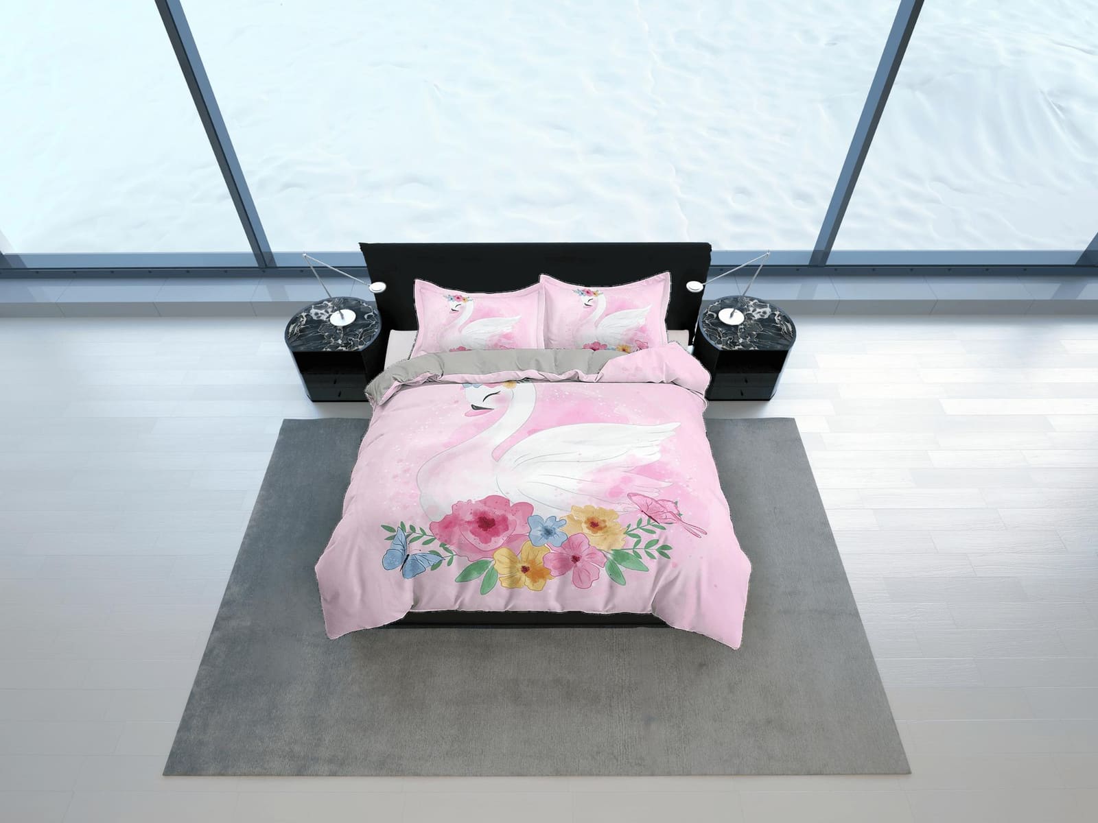 Beautiful Swan Pink Girly Bedding, Duvet Cover Set & Pillowcase, Zipper Bedding, Dorm Bedding, Teens Adult Duvet King Quee…