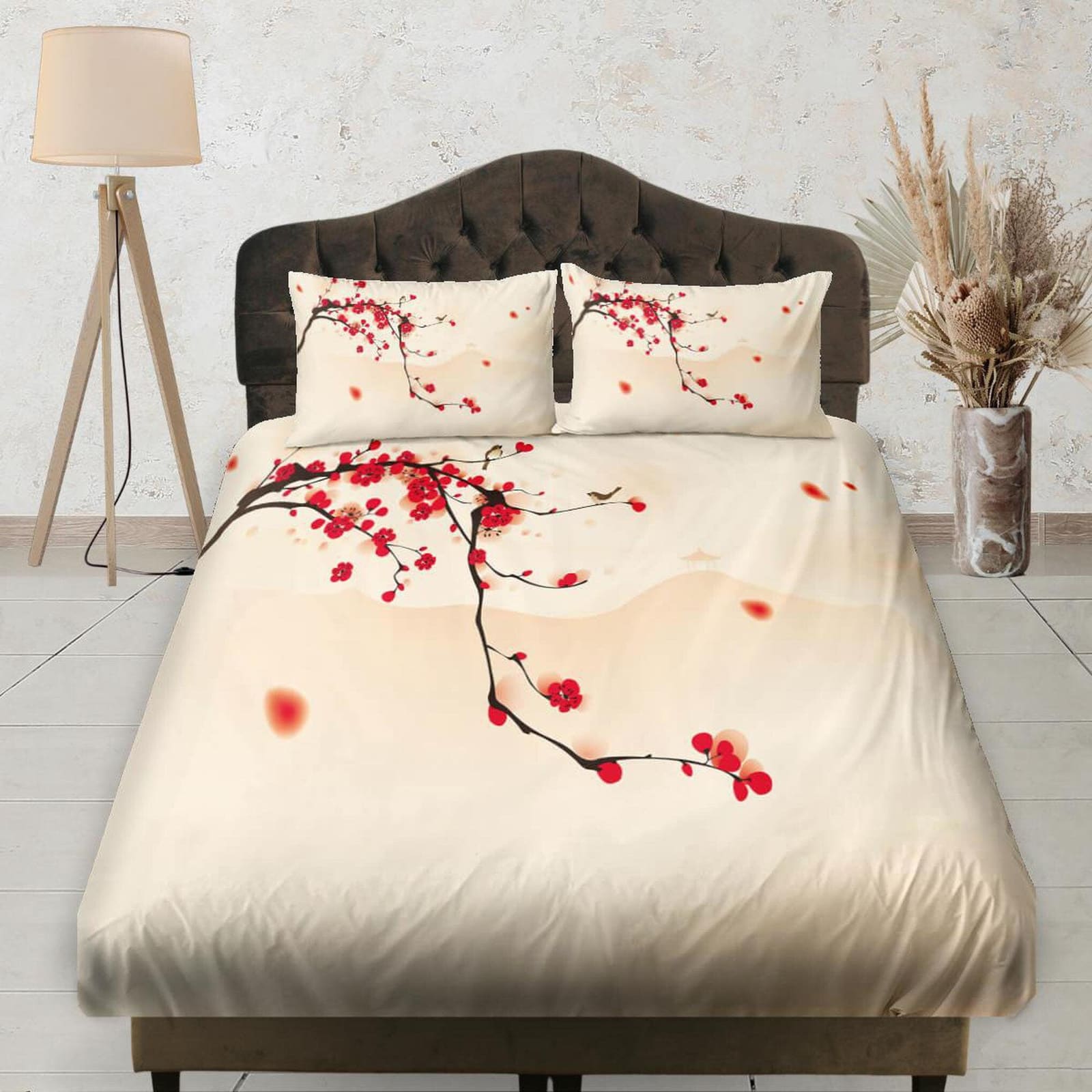 Beige Bedding, Cherry Blossoms Fitted Bedsheet Deep Pocket, Floral Prints, Aesthetic Boho Bedding Set, Dorm Bedding, Shabb…
