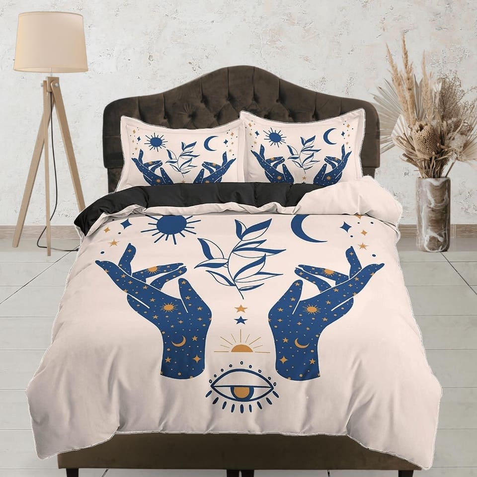 Beige Boho Bedding with Celestial Art Design in Blue, Gothic Duvet Cover Set, Witchy Dorm Bedding, Aesthetic Duvet King Qu…
