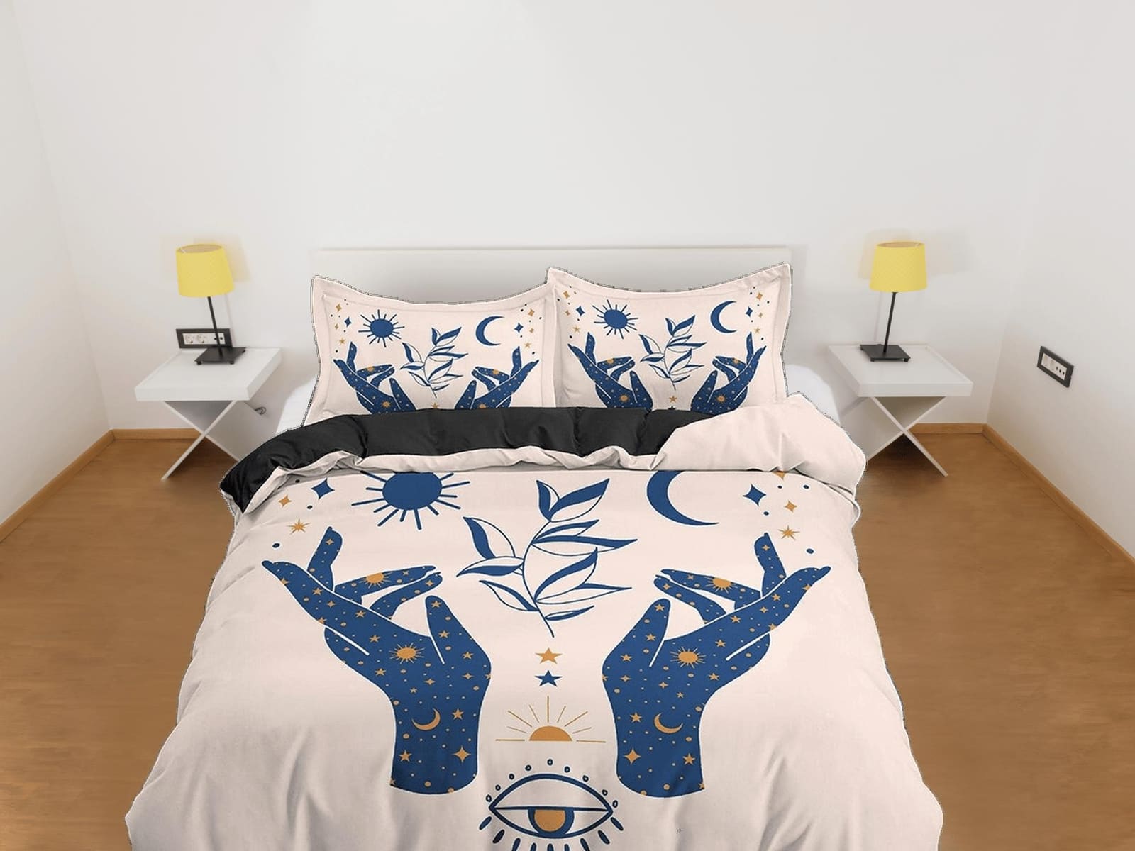 Beige Boho Bedding with Celestial Art Design in Blue, Gothic Duvet Cover Set, Witchy Dorm Bedding, Aesthetic Duvet King Qu…