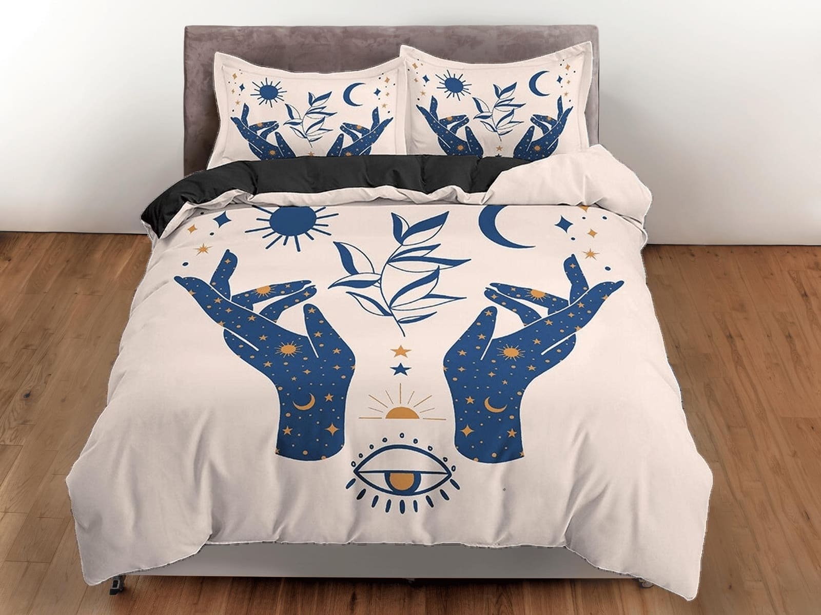 Beige Boho Bedding with Celestial Art Design in Blue, Gothic Duvet Cover Set, Witchy Dorm Bedding, Aesthetic Duvet King Qu…