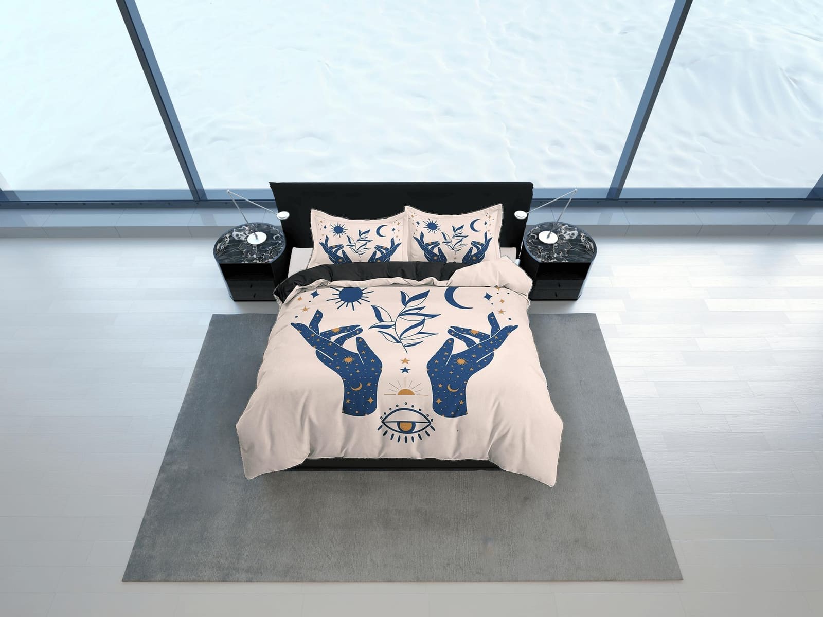 Beige Boho Bedding with Celestial Art Design in Blue, Gothic Duvet Cover Set, Witchy Dorm Bedding, Aesthetic Duvet King Qu…