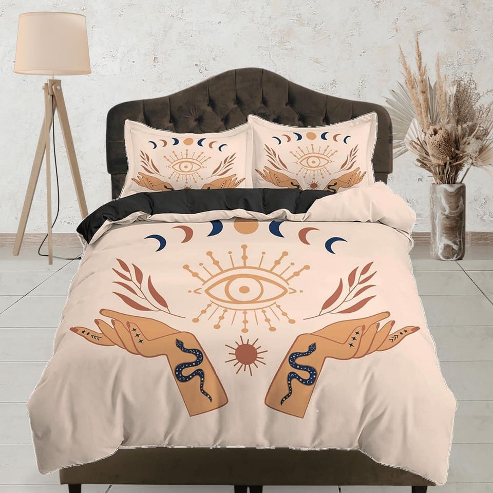 Beige Boho Bedding with Wiccan Design, Witchy Duvet Cover Set, Dorm Bedding, Tarot Psychic Aesthetic Duvet Cover King Quee…