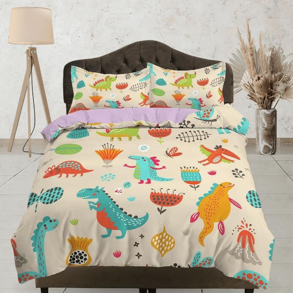 Beige dinosaur bedding, kids bedding full, cute duvet cover set, dinosaur nursery bed decor, colorful bedding, baby dinosa…