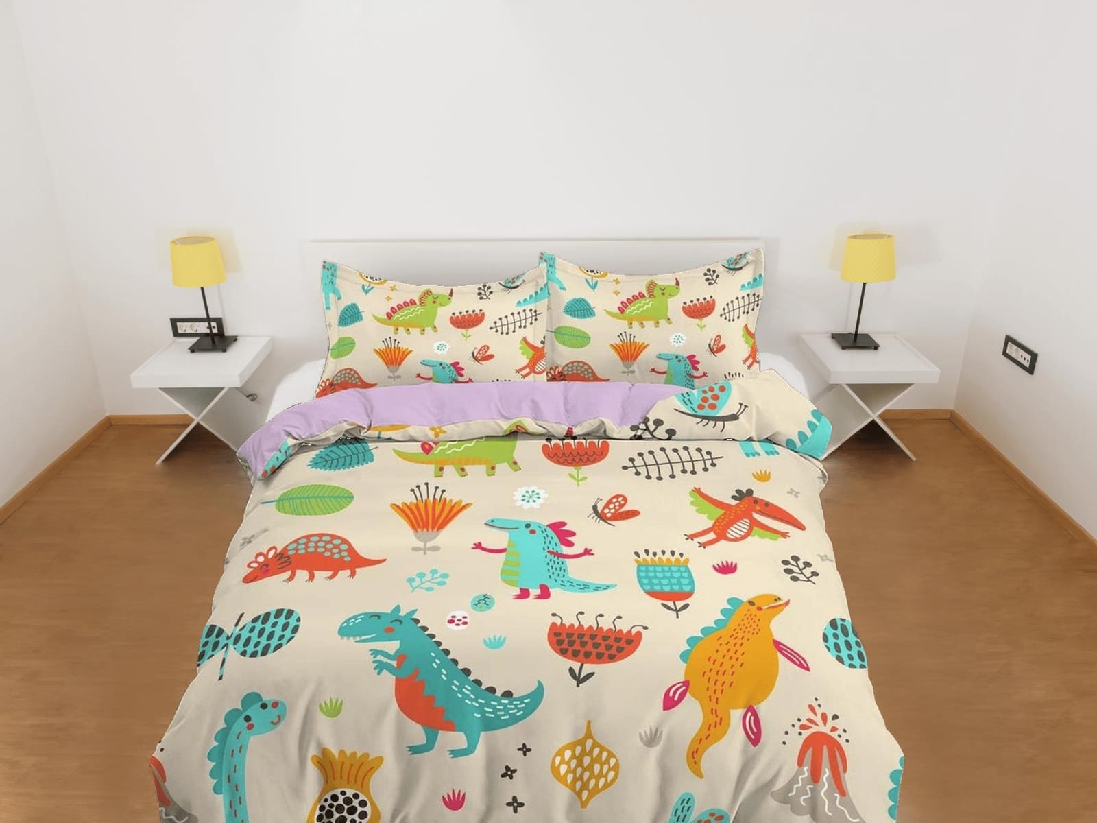 Beige dinosaur bedding, kids bedding full, cute duvet cover set, dinosaur nursery bed decor, colorful bedding, baby dinosa…