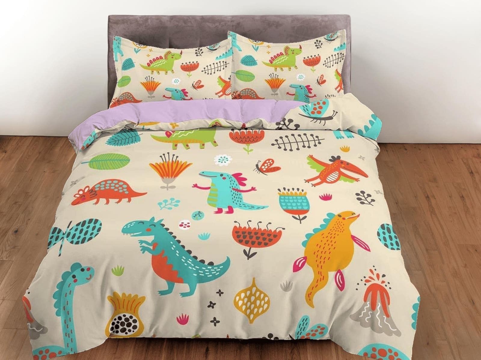 Beige dinosaur bedding, kids bedding full, cute duvet cover set, dinosaur nursery bed decor, colorful bedding, baby dinosa…