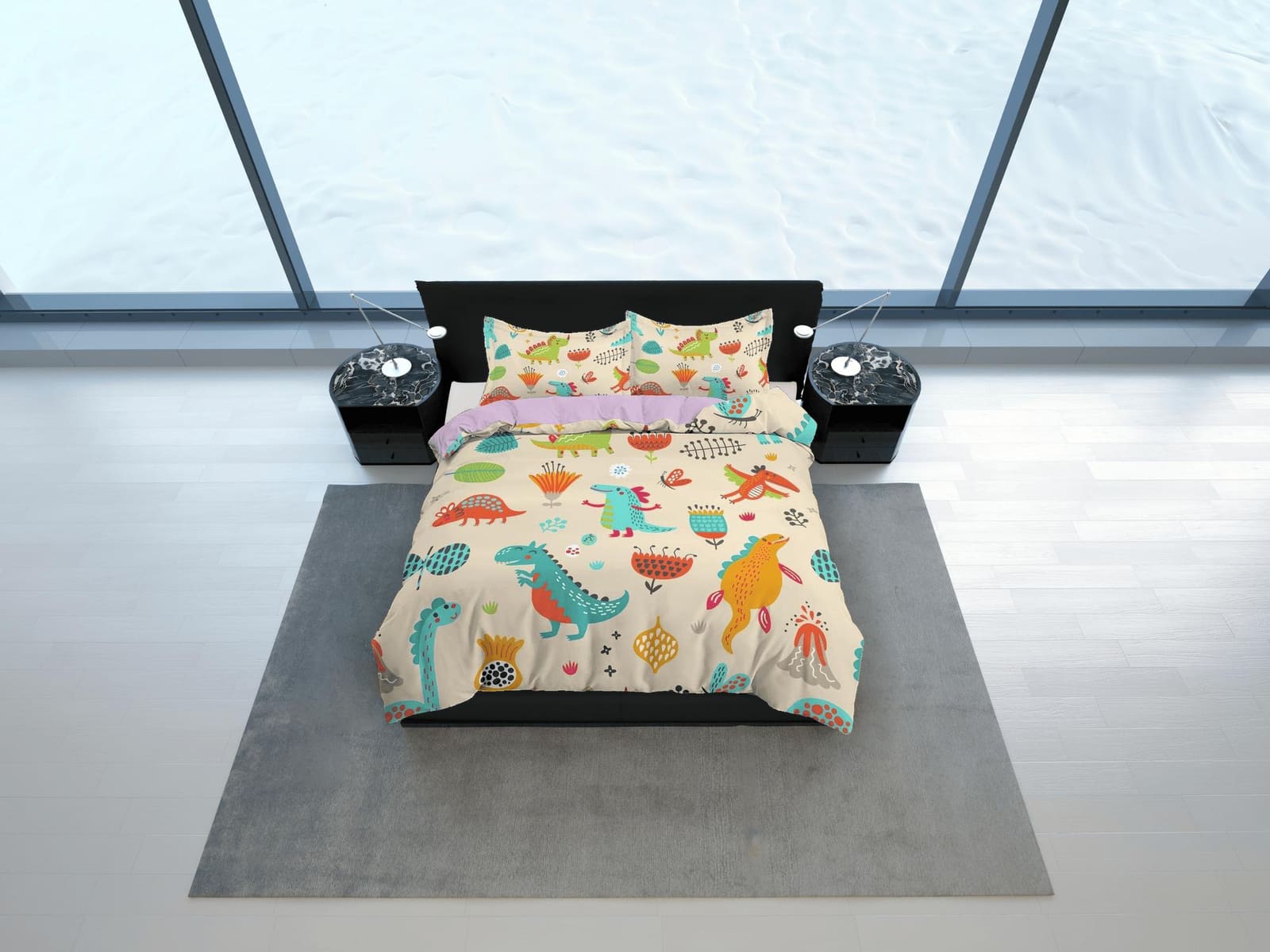 Beige dinosaur bedding, kids bedding full, cute duvet cover set, dinosaur nursery bed decor, colorful bedding, baby dinosa…