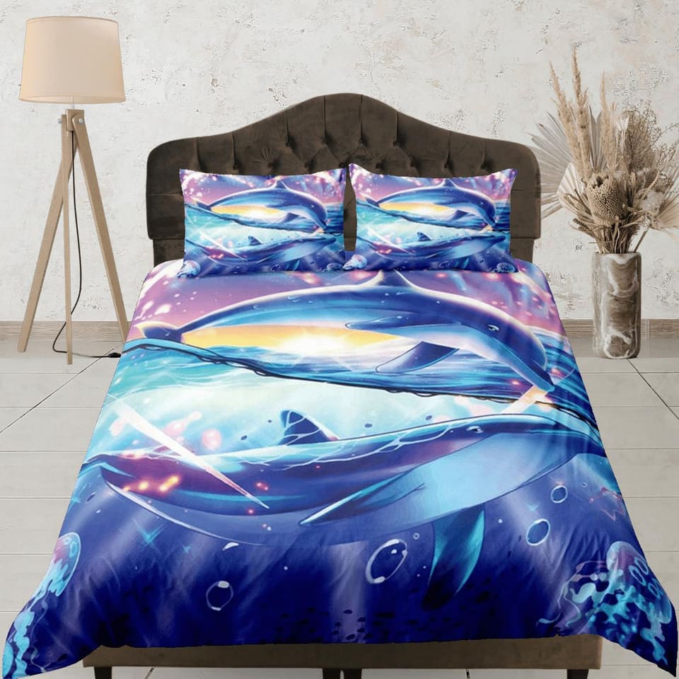 Big dolphin bedding purple duvet cover, ocean blush decor bottle nose dolphin bedding set full king queen twin, college do…