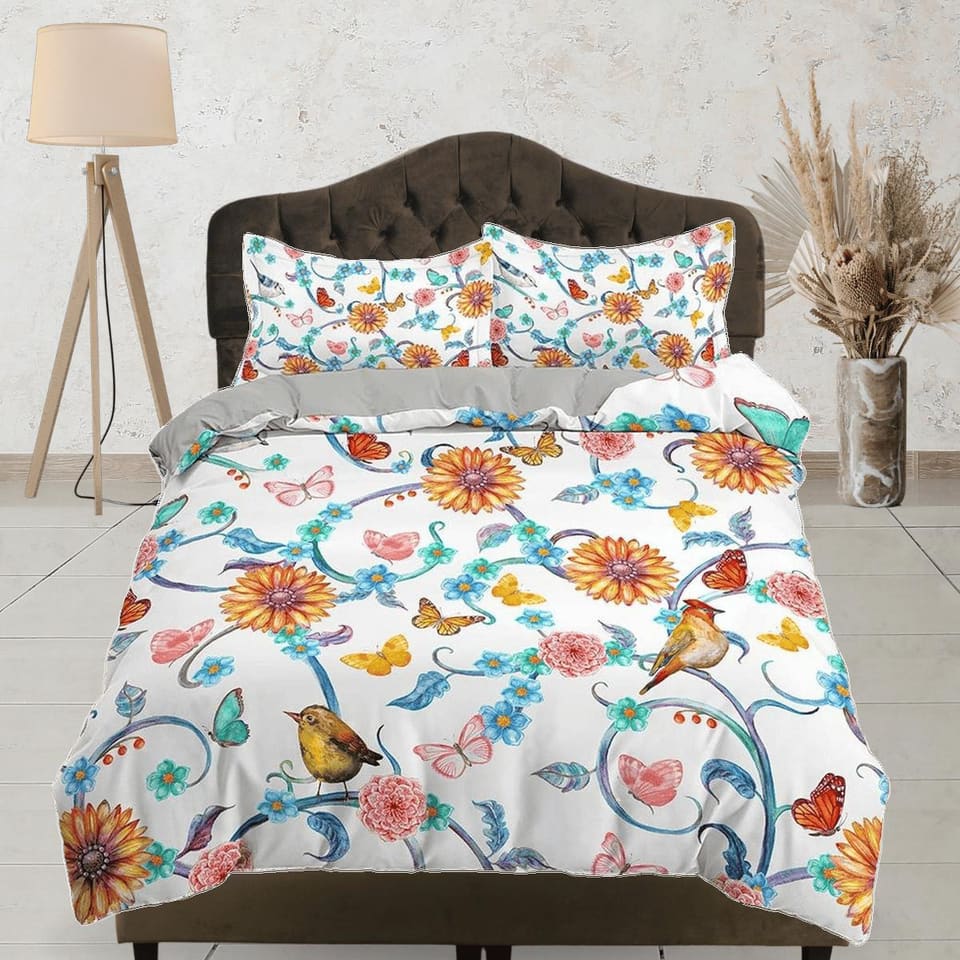 Birds and flowers bedding farmhouse duvet cover queen, king, boho duvet, designer bedding, aesthetic bedding, maximalist f…