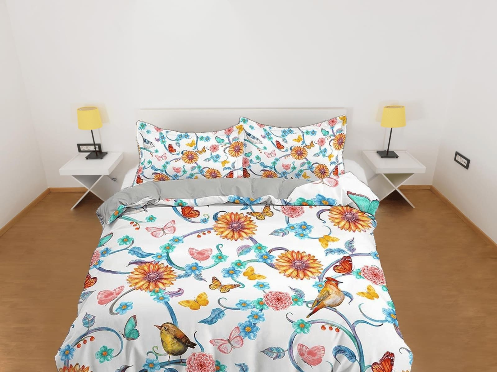 Birds and flowers bedding farmhouse duvet cover queen, king, boho duvet, designer bedding, aesthetic bedding, maximalist f…