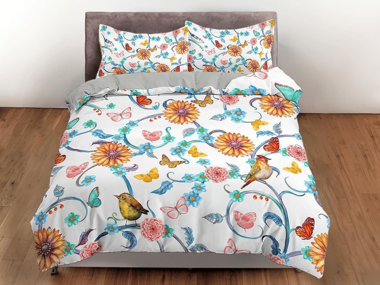 Birds and flowers bedding farmhouse duvet cover queen, king, boho duvet, designer bedding, aesthetic bedding, maximalist f…