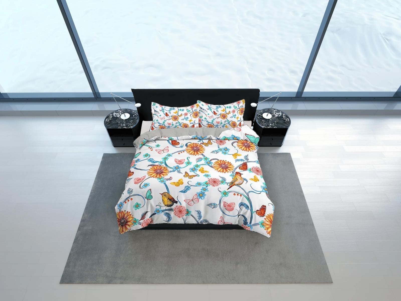Birds and flowers bedding farmhouse duvet cover queen, king, boho duvet, designer bedding, aesthetic bedding, maximalist f…