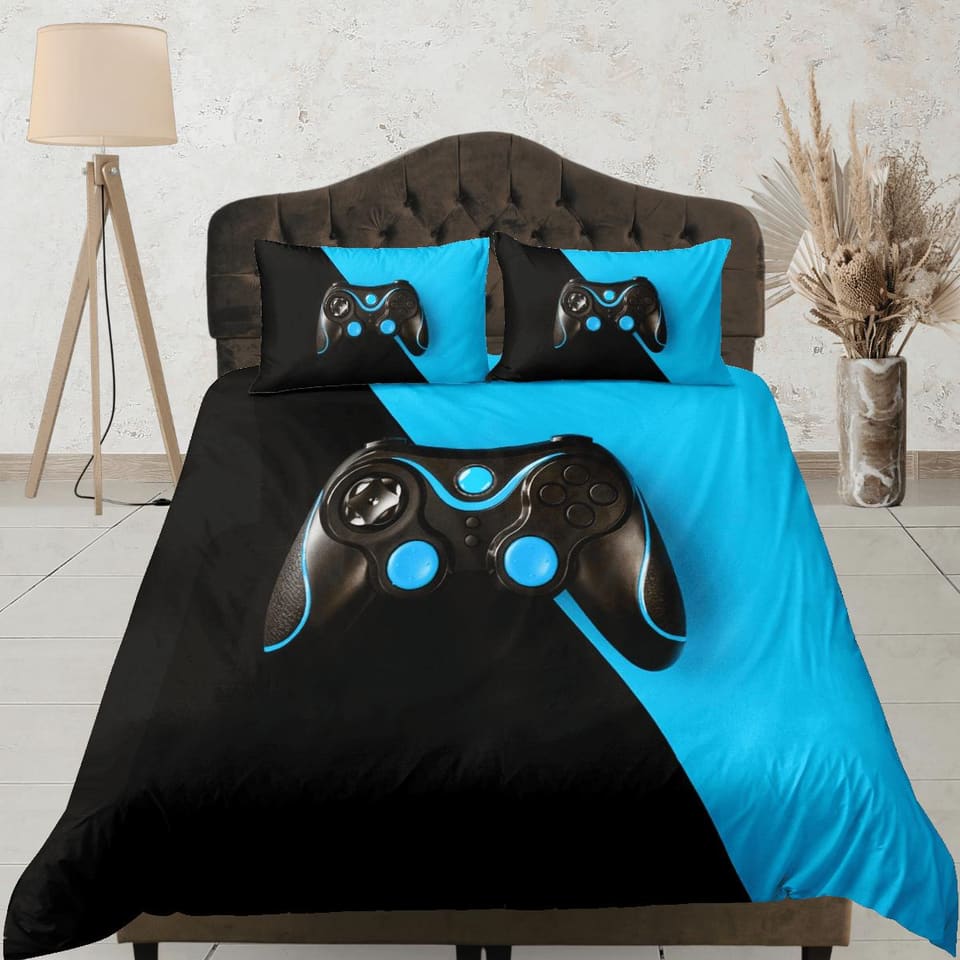 Black and blue gamer bedding duvet cover, video gamer boyfriend gift bedding set full king queen twin, boys bedroom, colle…