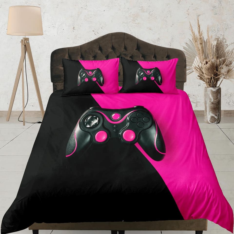 Black and pink gamer bedding duvet cover, video gamer girl gift bedding set full king queen twin, boys bedroom, college do…