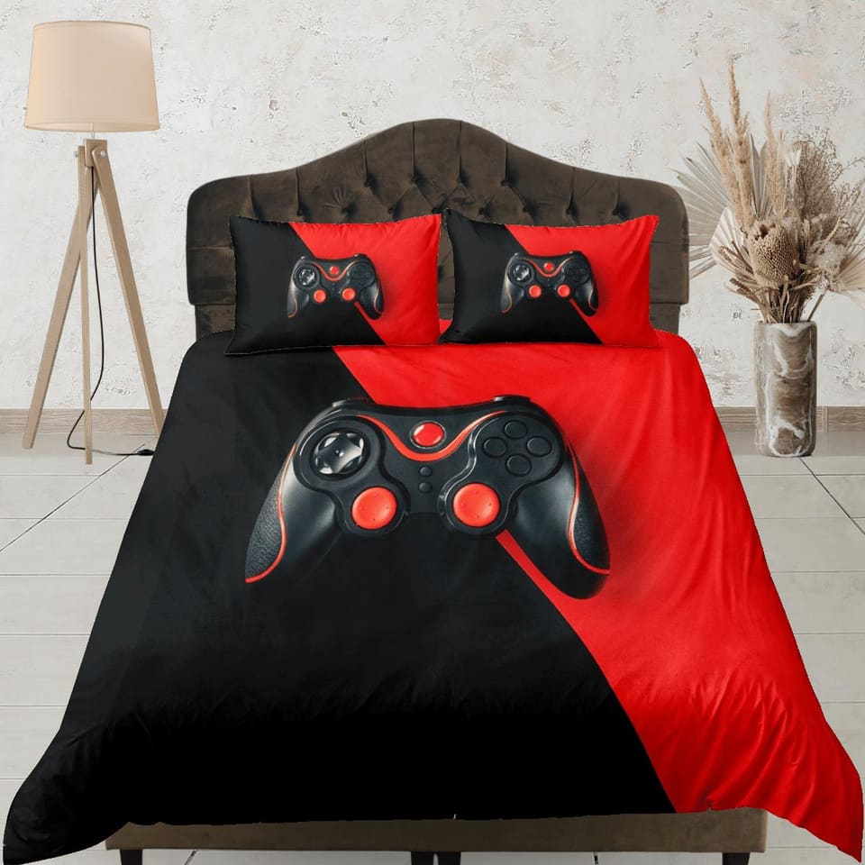 Black and red gamer bedding duvet cover, video gamer boyfriend gift bedding set full king queen twin, boys bedroom, colleg…
