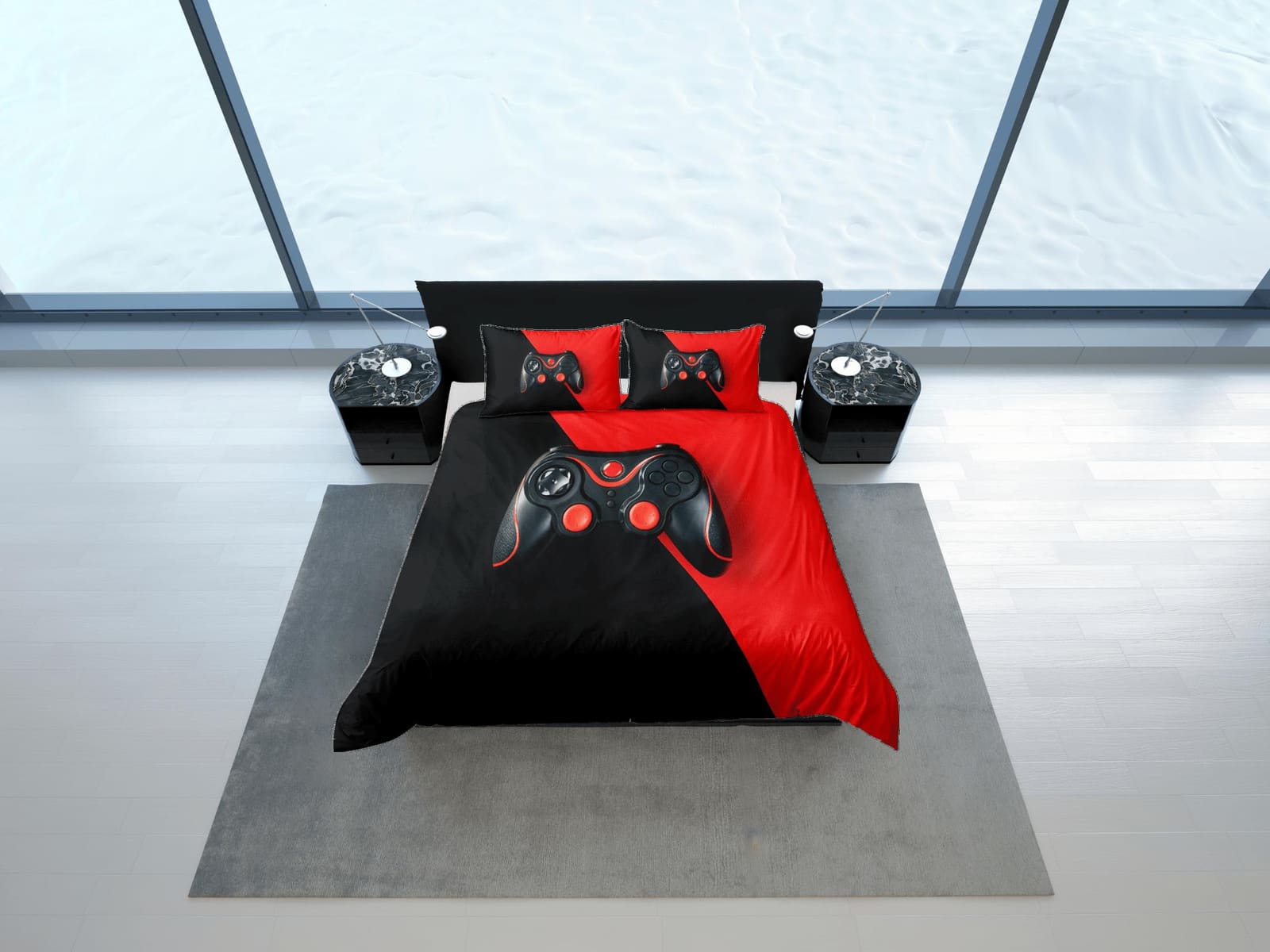 Black and red gamer bedding duvet cover, video gamer boyfriend gift bedding set full king queen twin, boys bedroom, colleg…