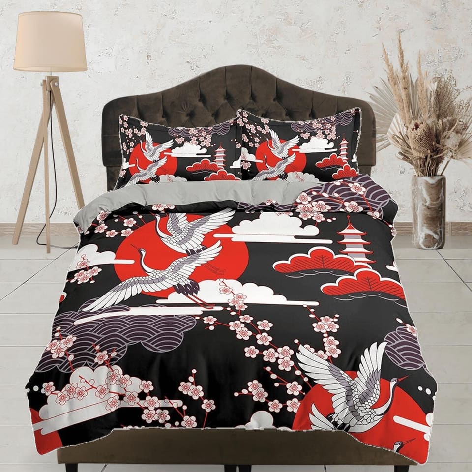 Black and red oriental bedding set cover, crane bird and cherry blossom prints on Japanese style duvet cover, king, queen,…