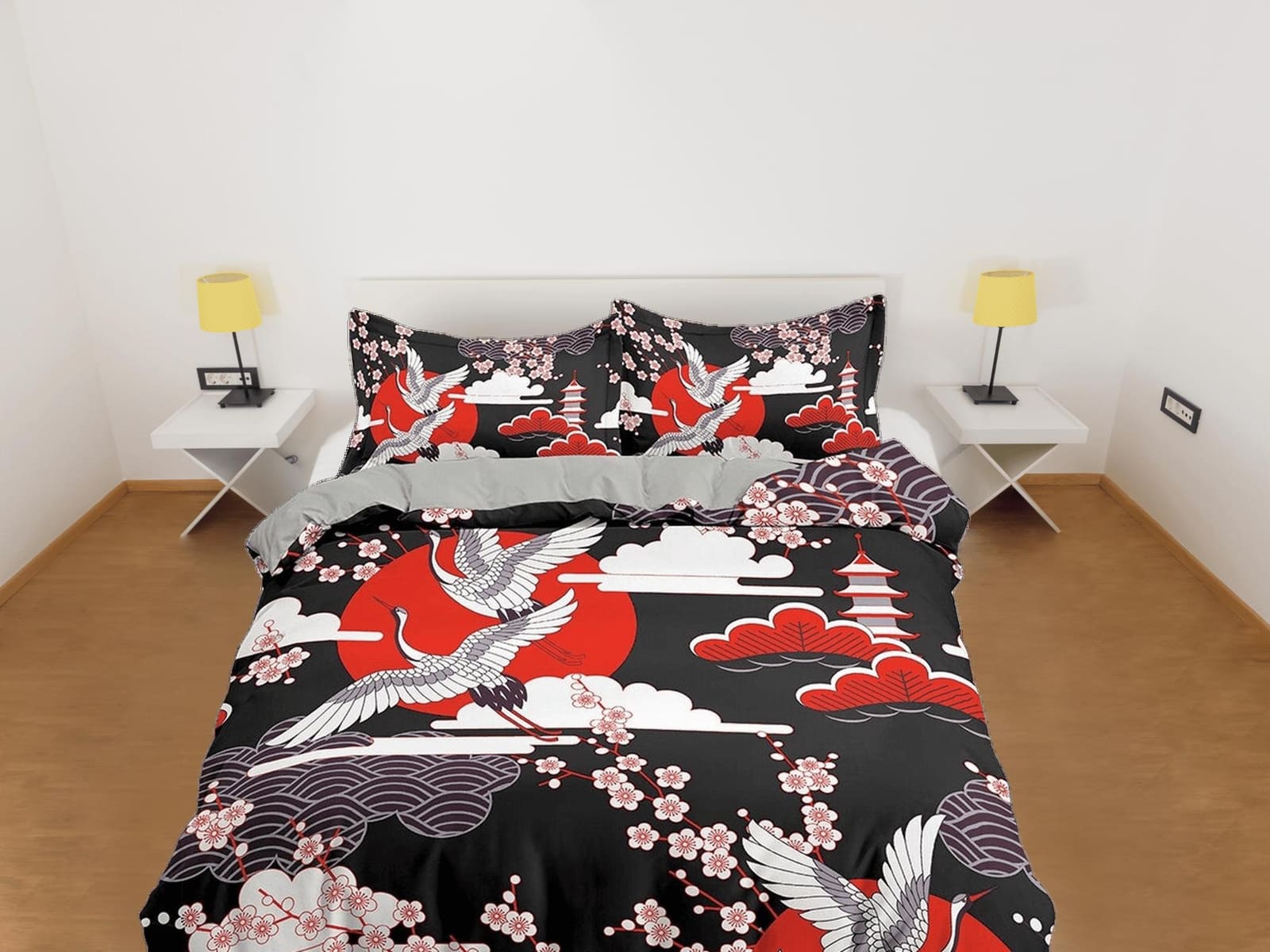 Black and red oriental bedding set cover, crane bird and cherry blossom prints on Japanese style duvet cover, king, queen,…