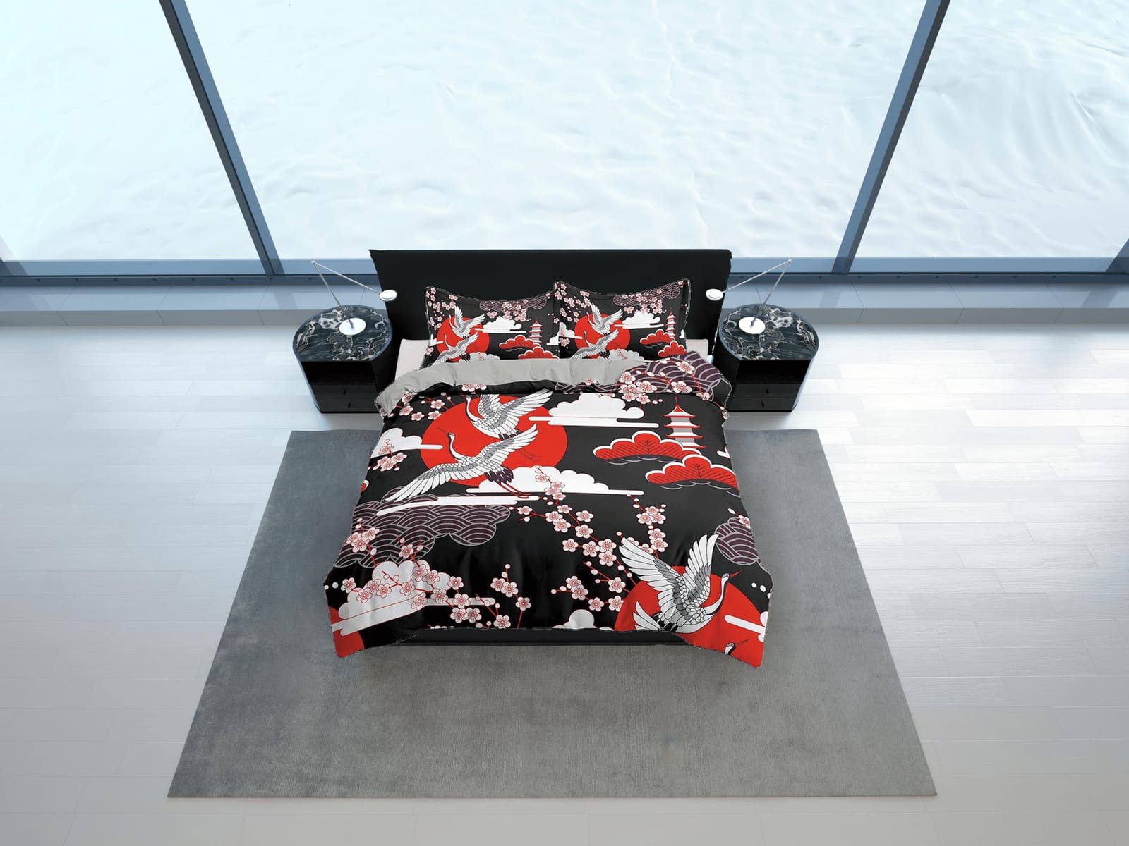 Black and red oriental bedding set cover, crane bird and cherry blossom prints on Japanese style duvet cover, king, queen,…