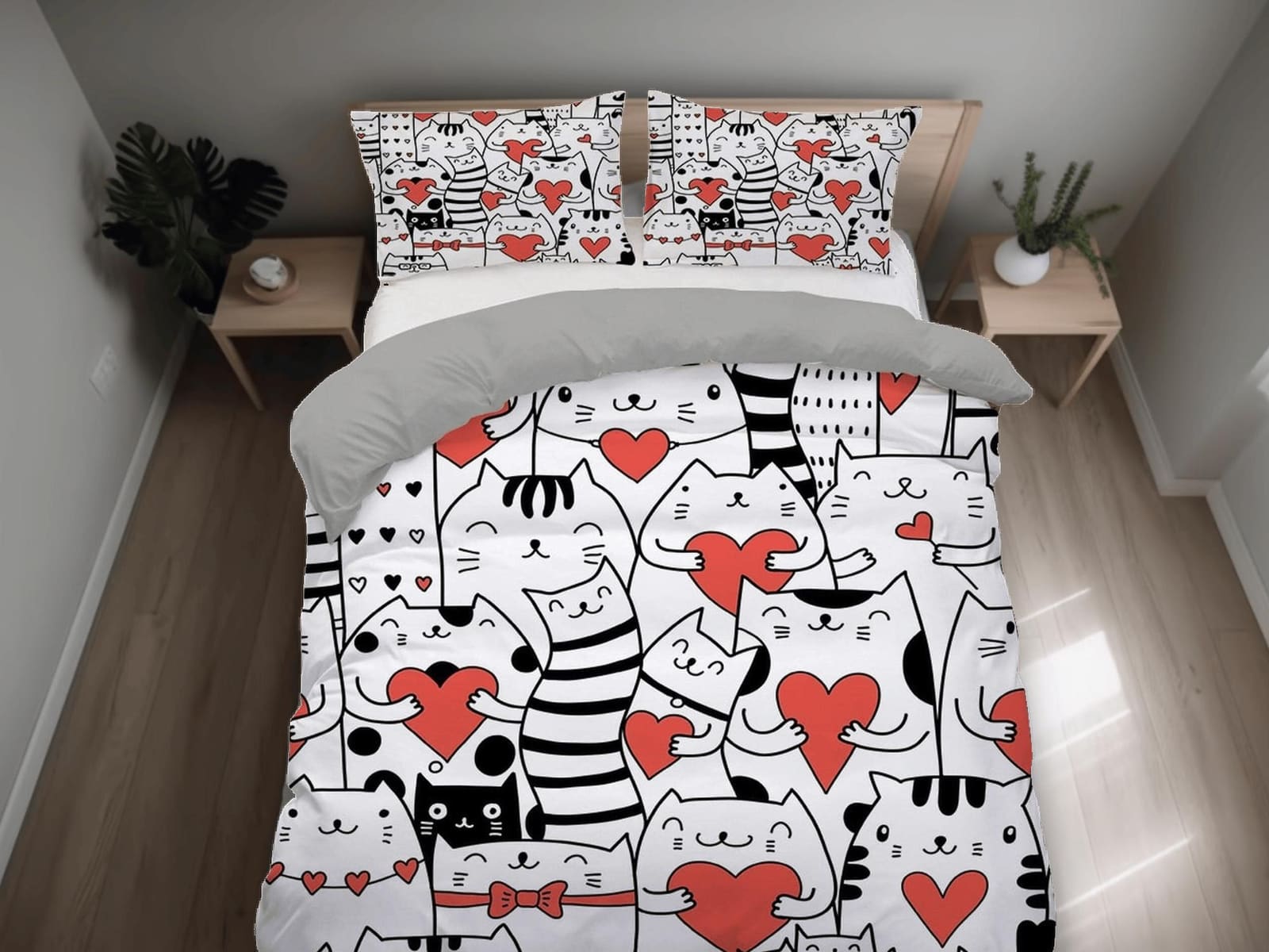 Black and white bedding cats with hearts, unisex toddler bedding, kids duvet cover set, gift for cat lovers, baby bedding,…