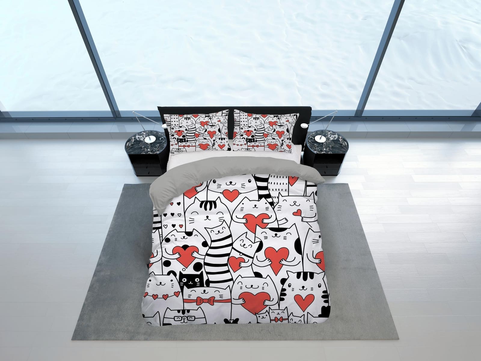 Black and white bedding cats with hearts, unisex toddler bedding, kids duvet cover set, gift for cat lovers, baby bedding,…
