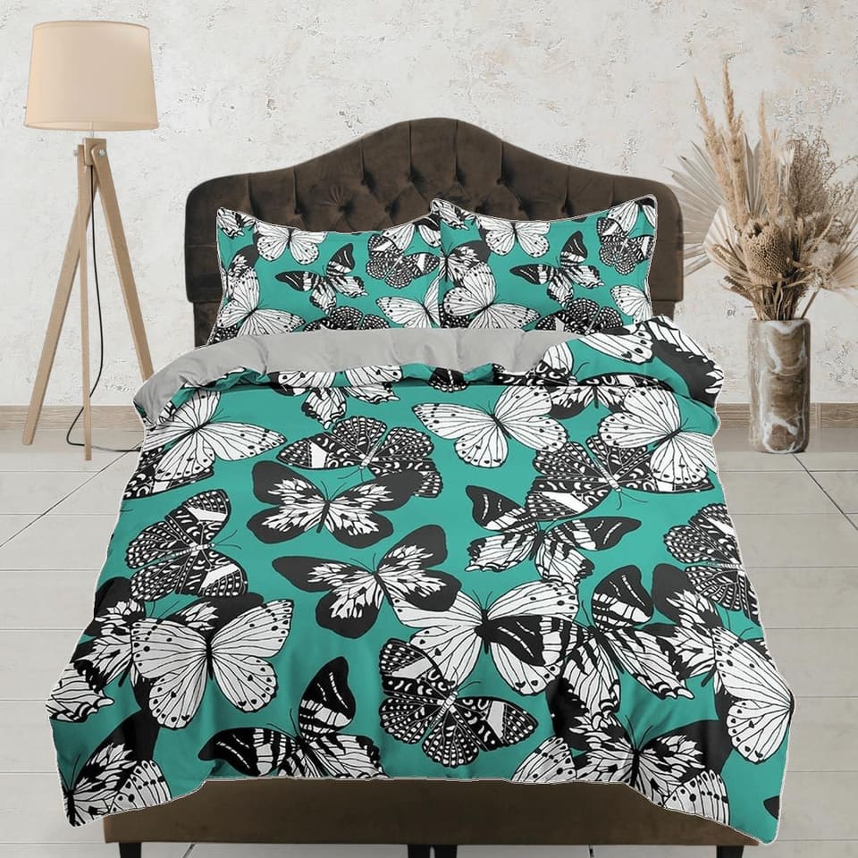 Black and white butterfly bedding teal green duvet cover dorm bedding, full size adult duvet king queen twin, nursery todd…