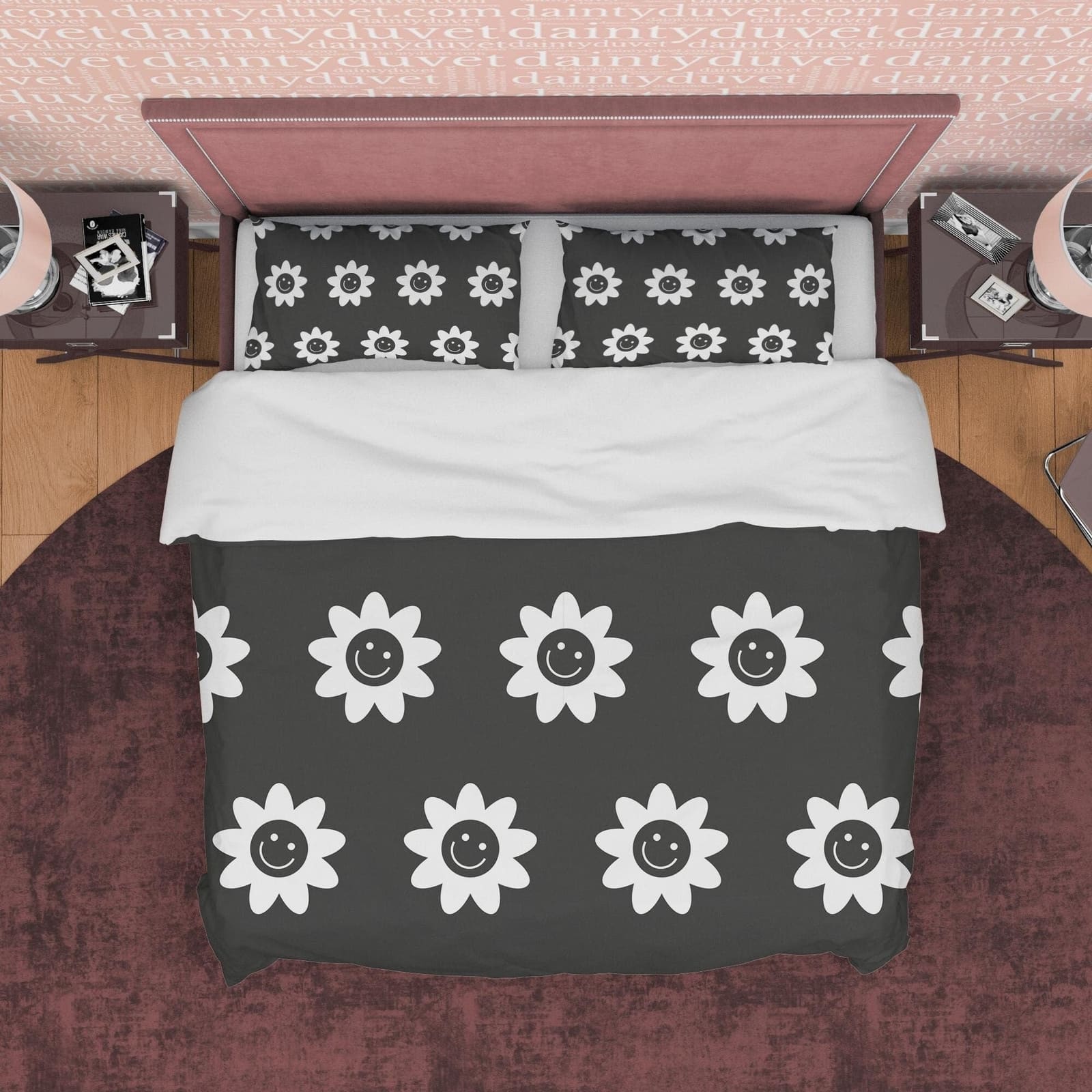 Black and White Cotton Duvet Cover Set Happy Flower Blanket Cover, Retro Printed Bedding Set, Groovy Bedspread, 90s Nostal…