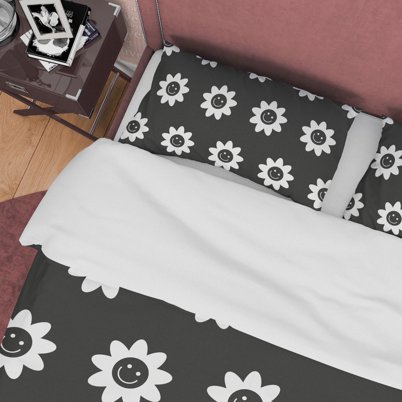 Black and White Cotton Duvet Cover Set Happy Flower Blanket Cover, Retro Printed Bedding Set, Groovy Bedspread, 90s Nostal…