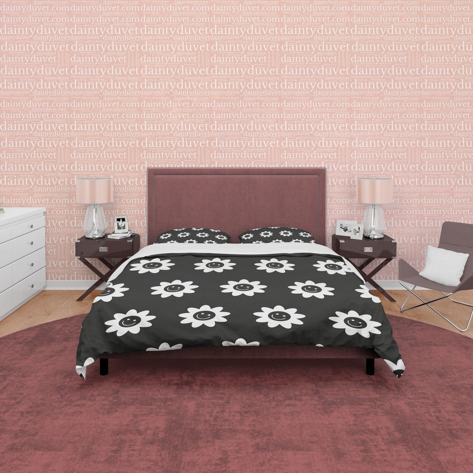 Black and White Cotton Duvet Cover Set Happy Flower Blanket Cover, Retro Printed Bedding Set, Groovy Bedspread, 90s Nostal…
