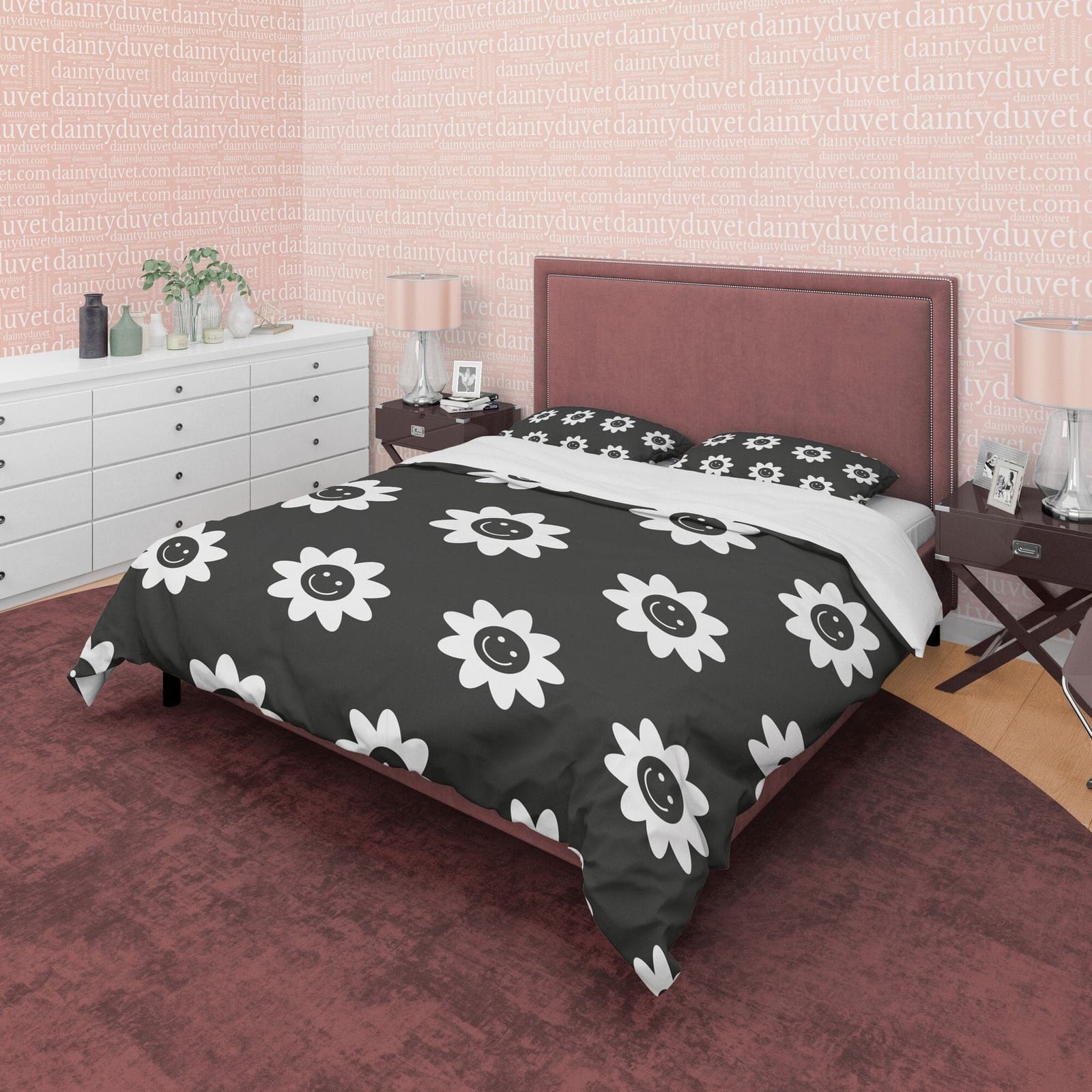 Black and White Cotton Duvet Cover Set Happy Flower Blanket Cover, Retro Printed Bedding Set, Groovy Bedspread, 90s Nostal…